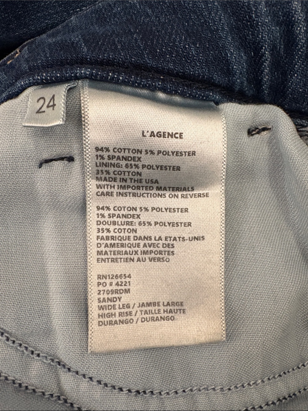 L’AGENCE Sandy Durango Blue High‑Rise Wide Leg Jeans – Front Seam - 24 - NWT - Picture 9 of 9